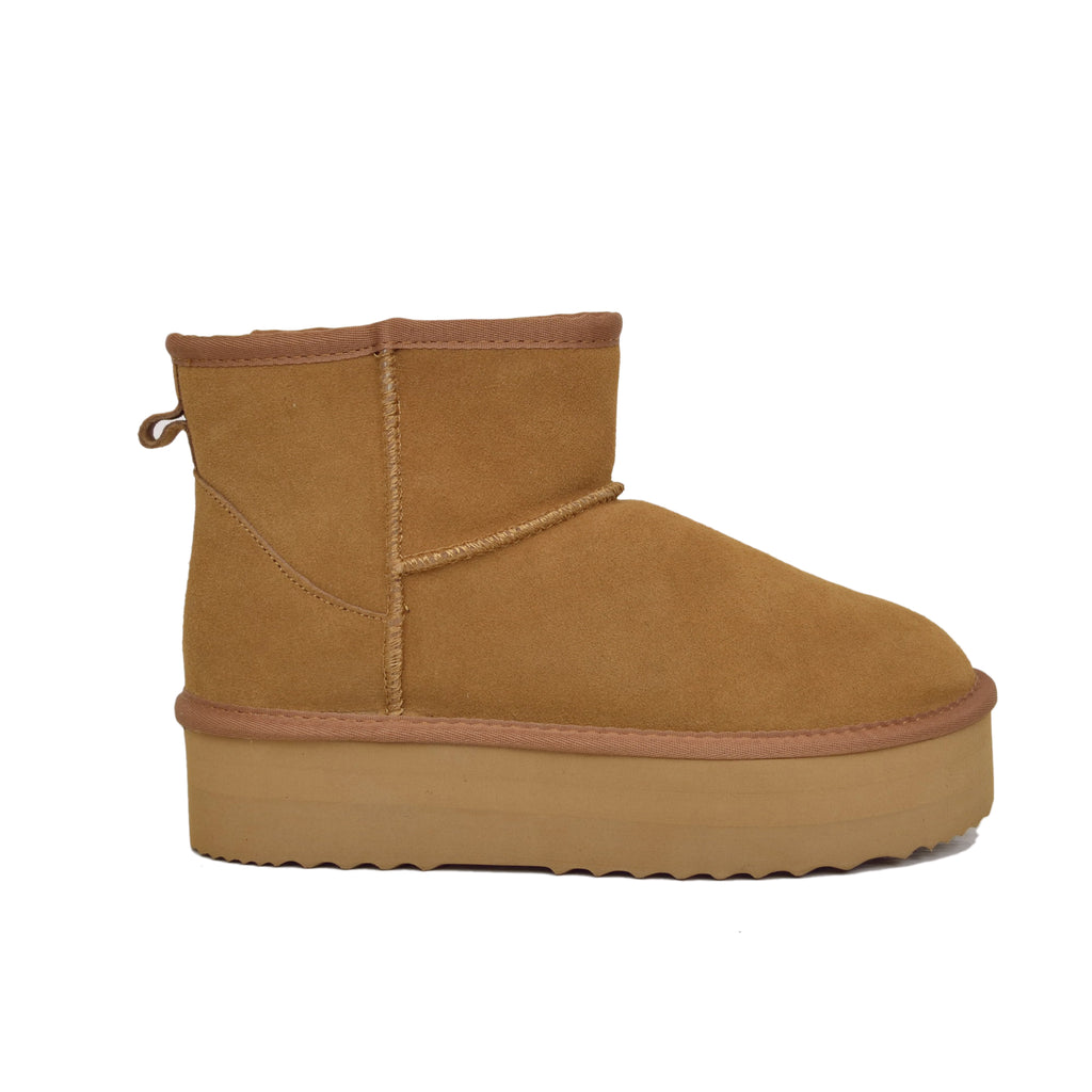Camel Platform Ankle Boots in Suede Leather Padded with Wool - 2
