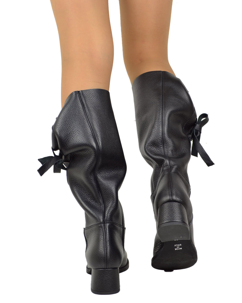 Damen Stiefeletten Wadenhoch Echtleder mit Seitlicher Schleife und Absatz – Made in Italy - 4