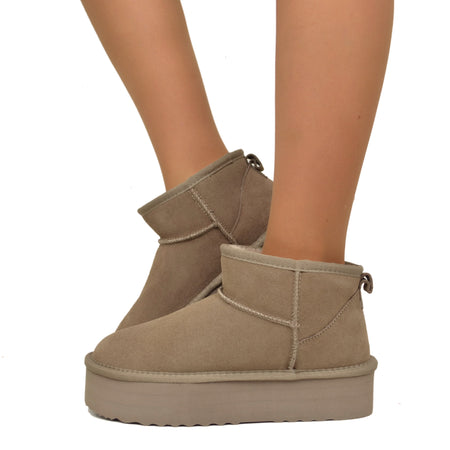 Stivaletti Platform Taupe in Pelle Scamosciata Imbottiti in Lana