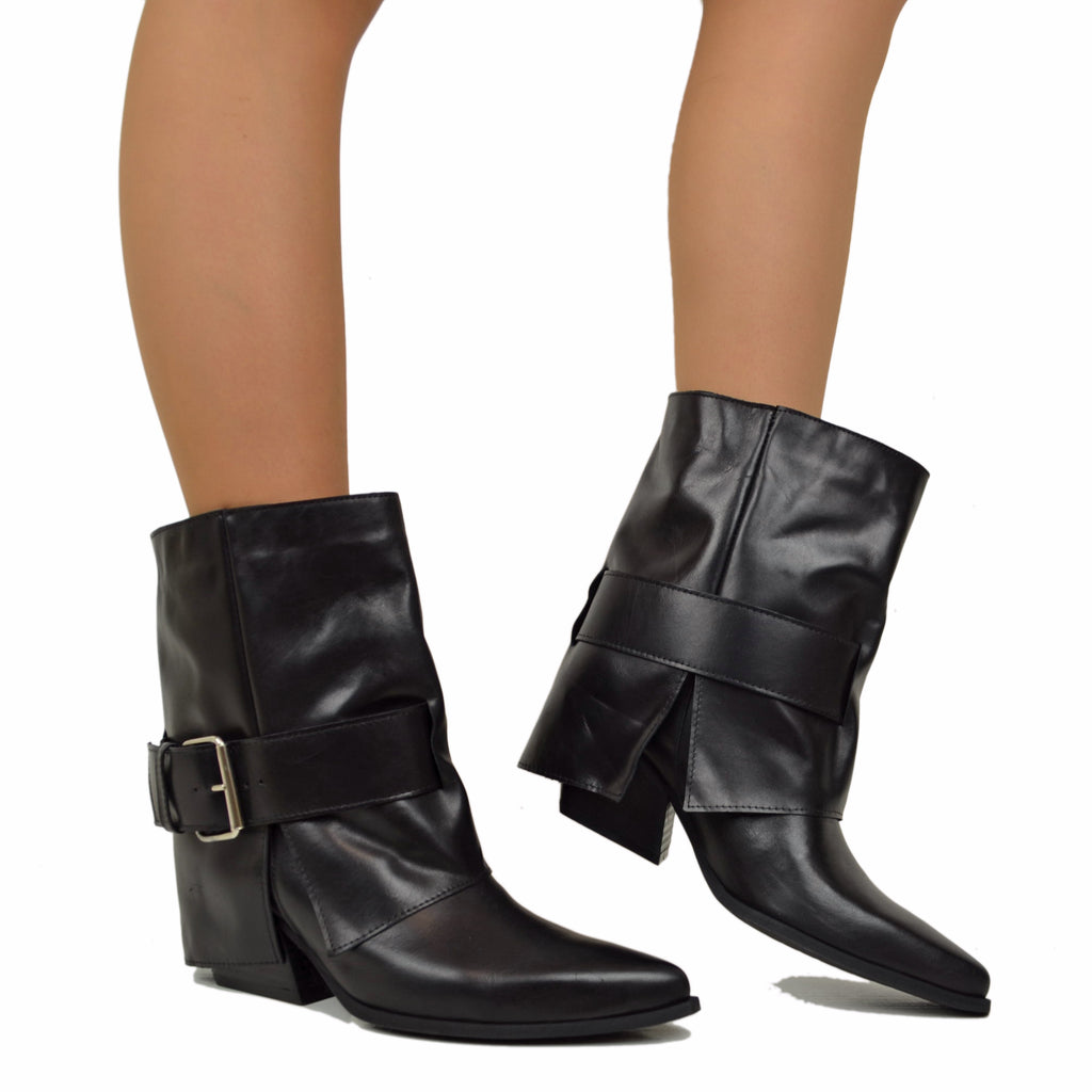 Black Texan Boots with Women's Gaiter in Leather with Buckle - 4