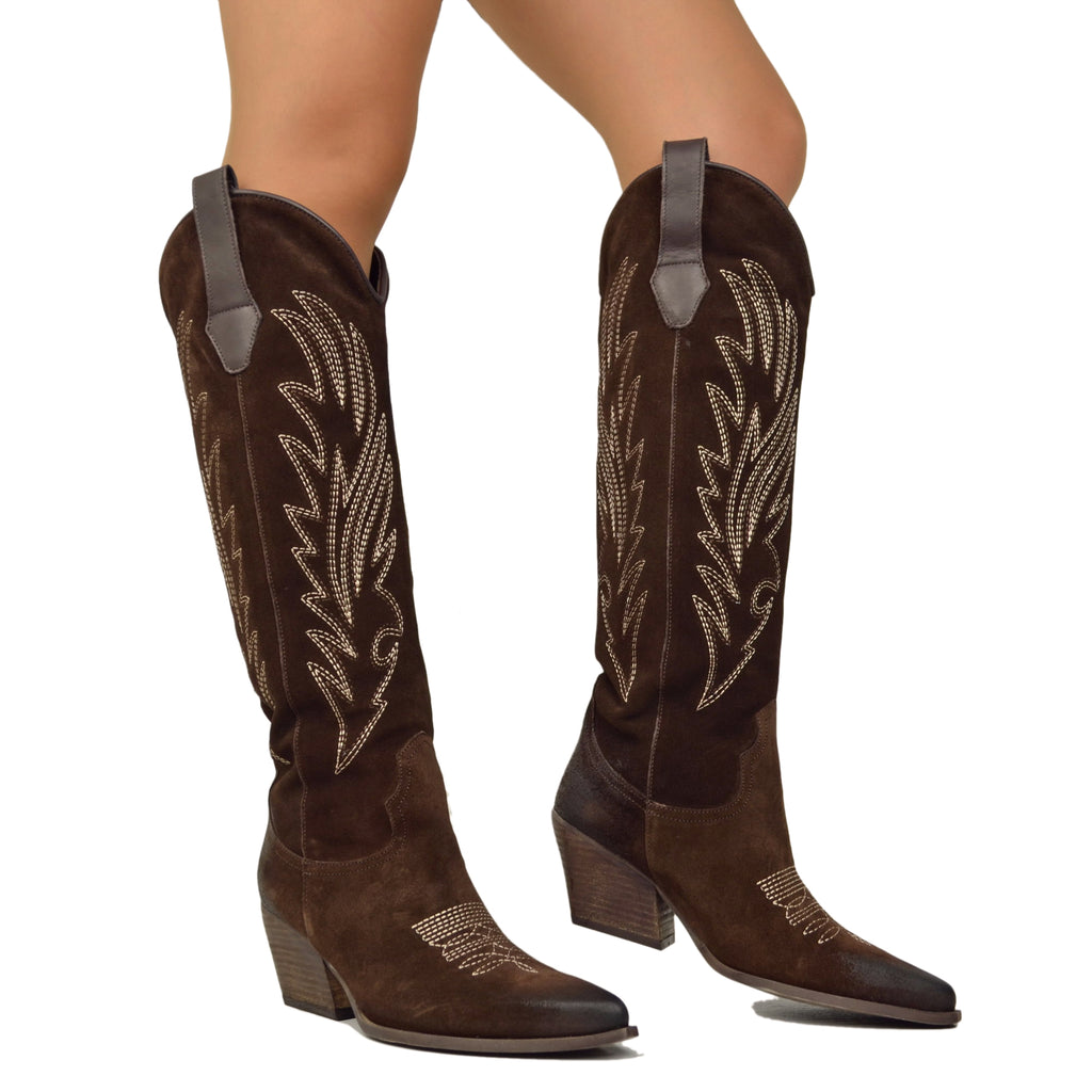 Dark Brown Knee High Texan Boots in Suede with Stitching - 4