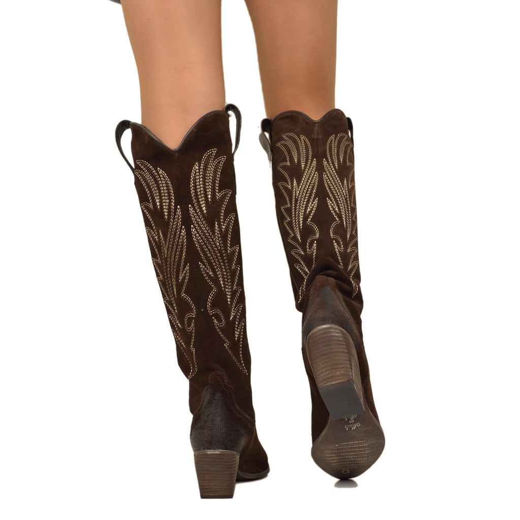 Dark Brown Knee High Texan Boots in Suede with Stitching - 5