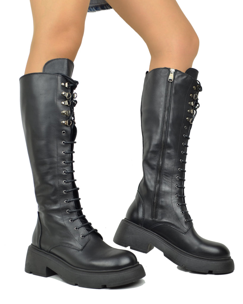 Stivali Anfibi Stringati Alti 18 Occhielli Vera Pelle Fondo Platform Pianta Larga - 6