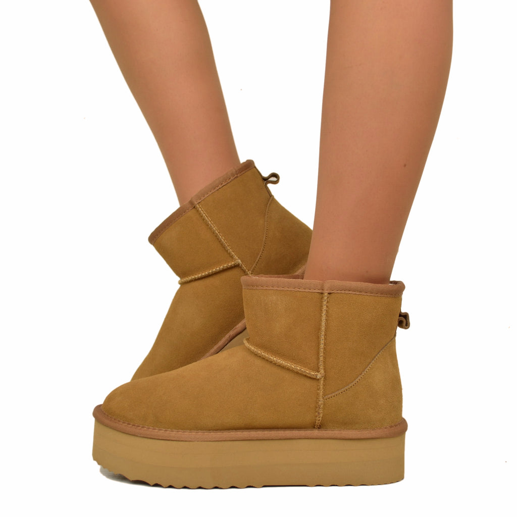 Camel Platform Ankle Boots in Suede Leather Padded with Wool
