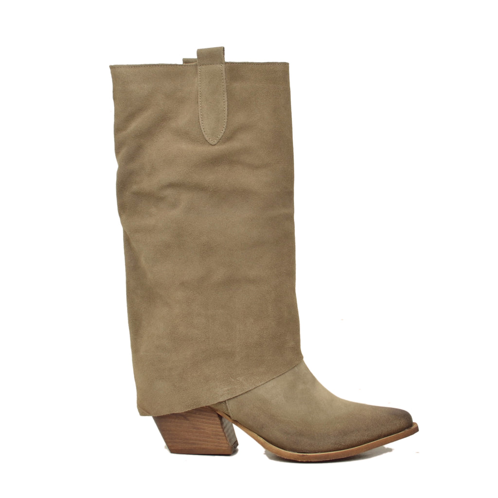 Texaner mit Gamaschen, mittlerer Absatz, echtes Taupe-Wildleder - 2