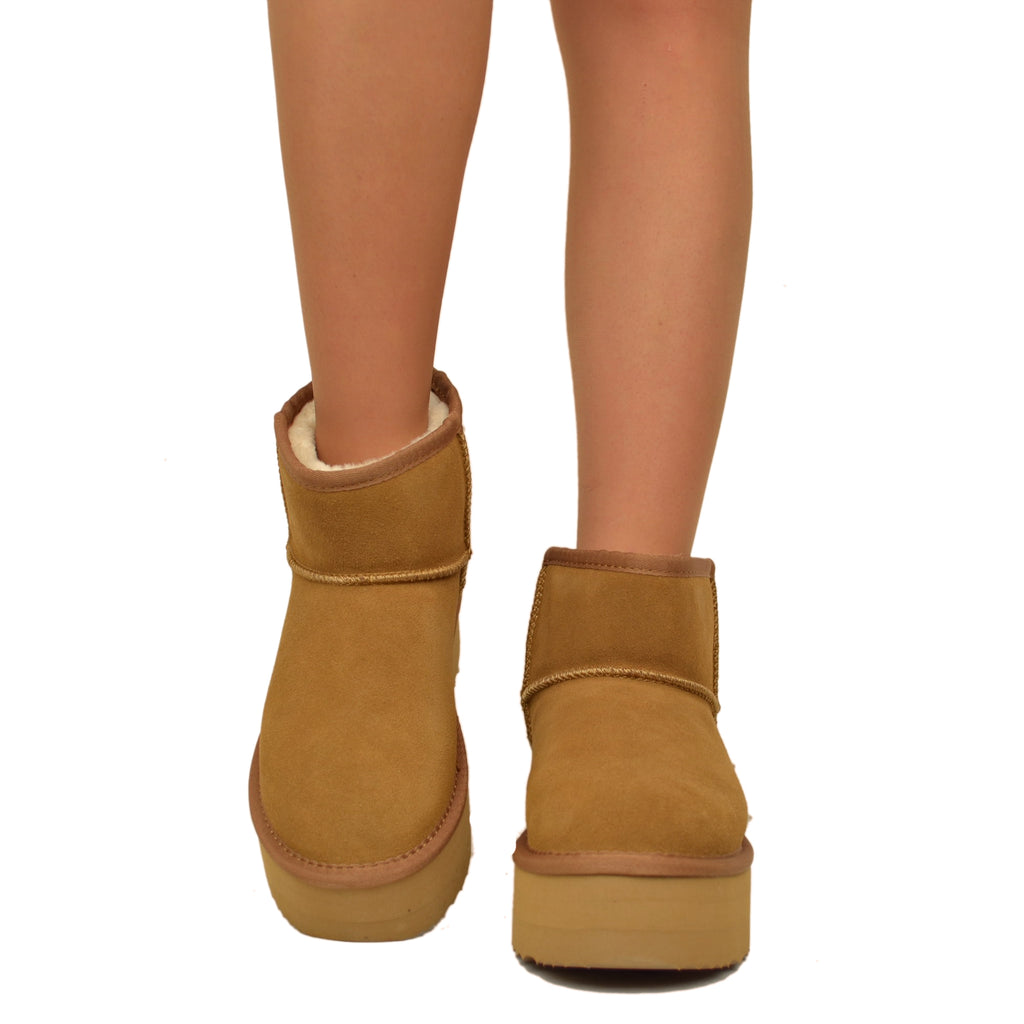 Camel Platform Ankle Boots in Suede Leather Padded with Wool - 3