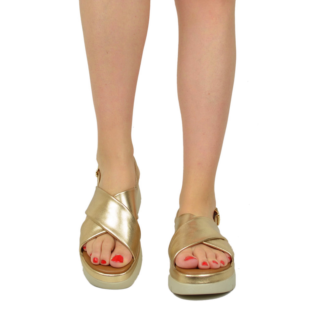Golden Women's Sandals with crossed bands and Memory Foam Sole - 4