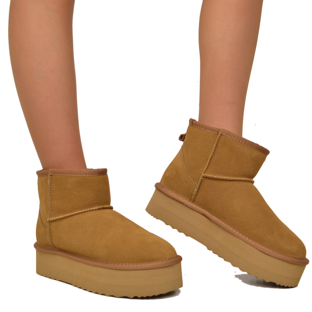 Camel Platform Ankle Boots in Suede Leather Padded with Wool - 4