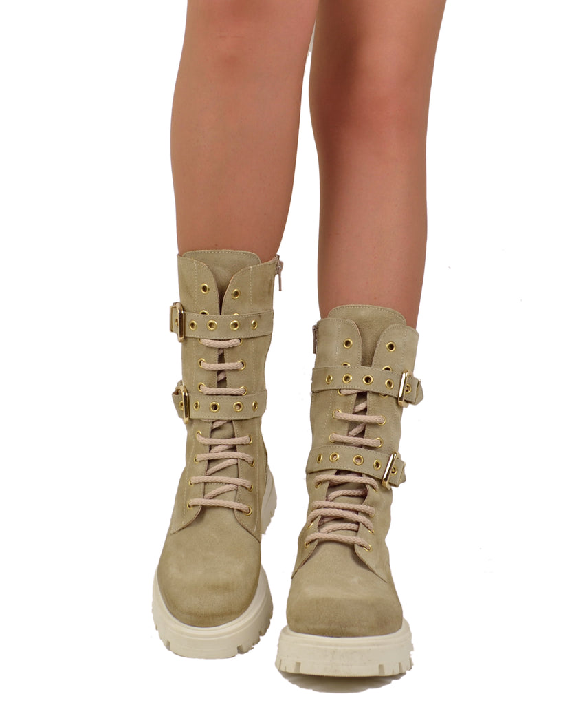 Lace Up Spring Suede Gold Buckle Beige Amphibian Boots - 3
