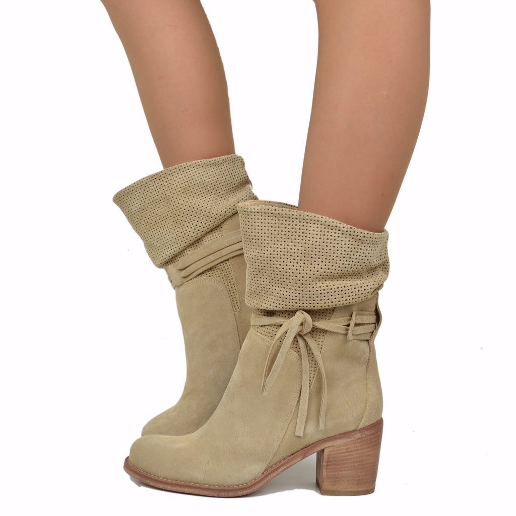 Women's Summer Ankle Boots in Perforated Beige Suede Leather