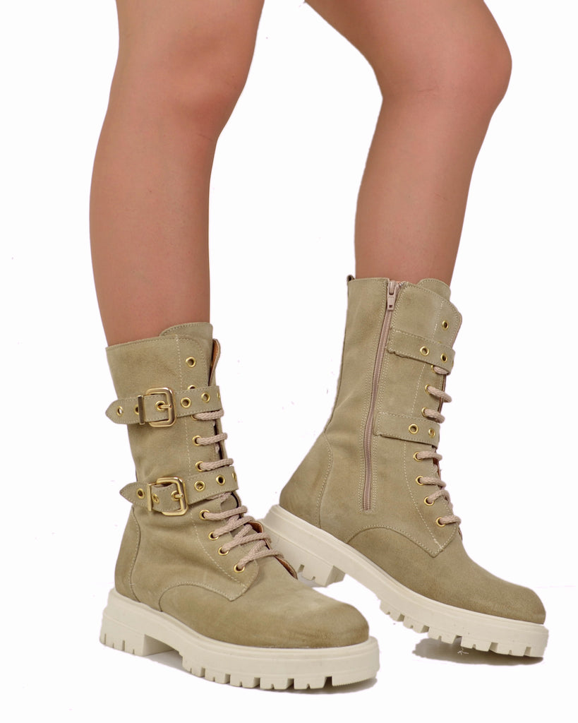 Lace Up Spring Suede Gold Buckle Beige Amphibian Boots - 5