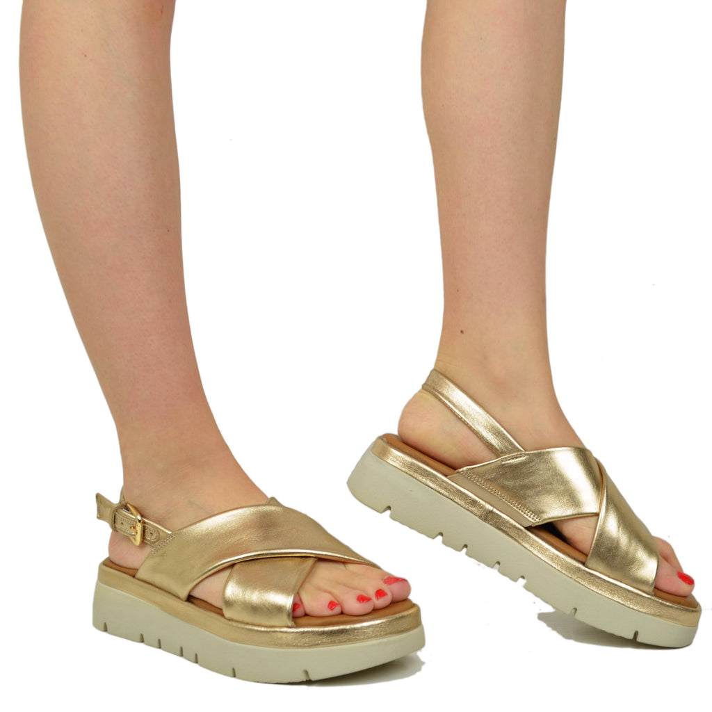 Golden Women's Sandals with crossed bands and Memory Foam Sole - 5