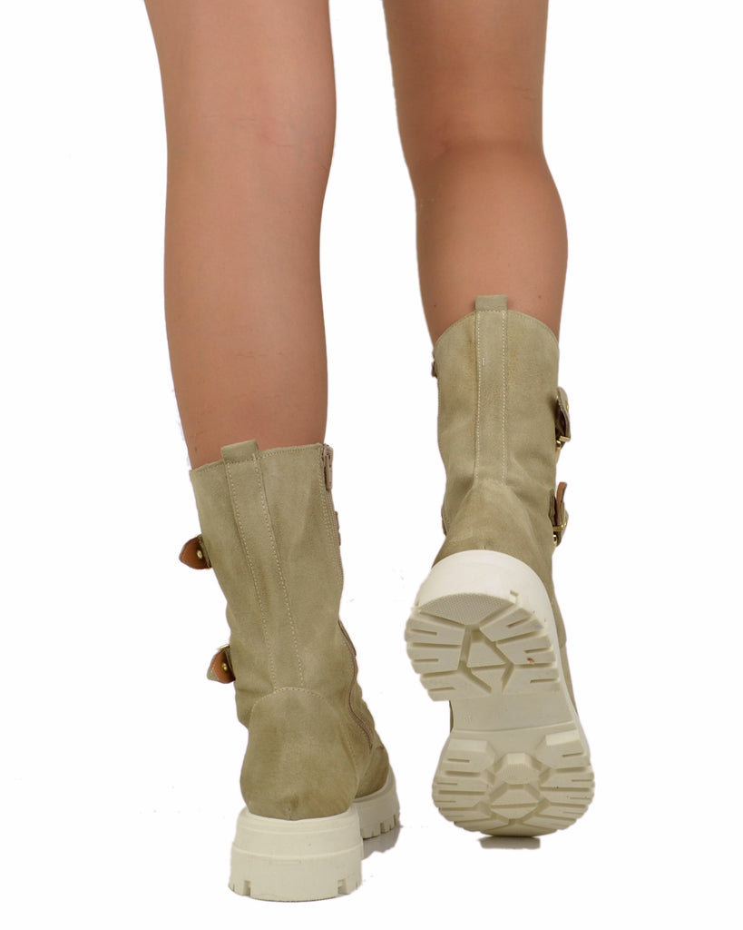 Lace Up Spring Suede Gold Buckle Beige Amphibian Boots - 6