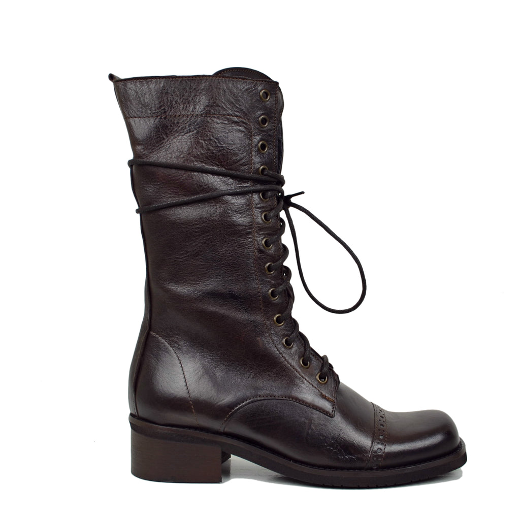 Retro-Amphibien-Stiefeletten, breiter Absatz, quadratische Zehenpartie, Stickerei, seitlicher Reißverschluss, braunes Leder - 2