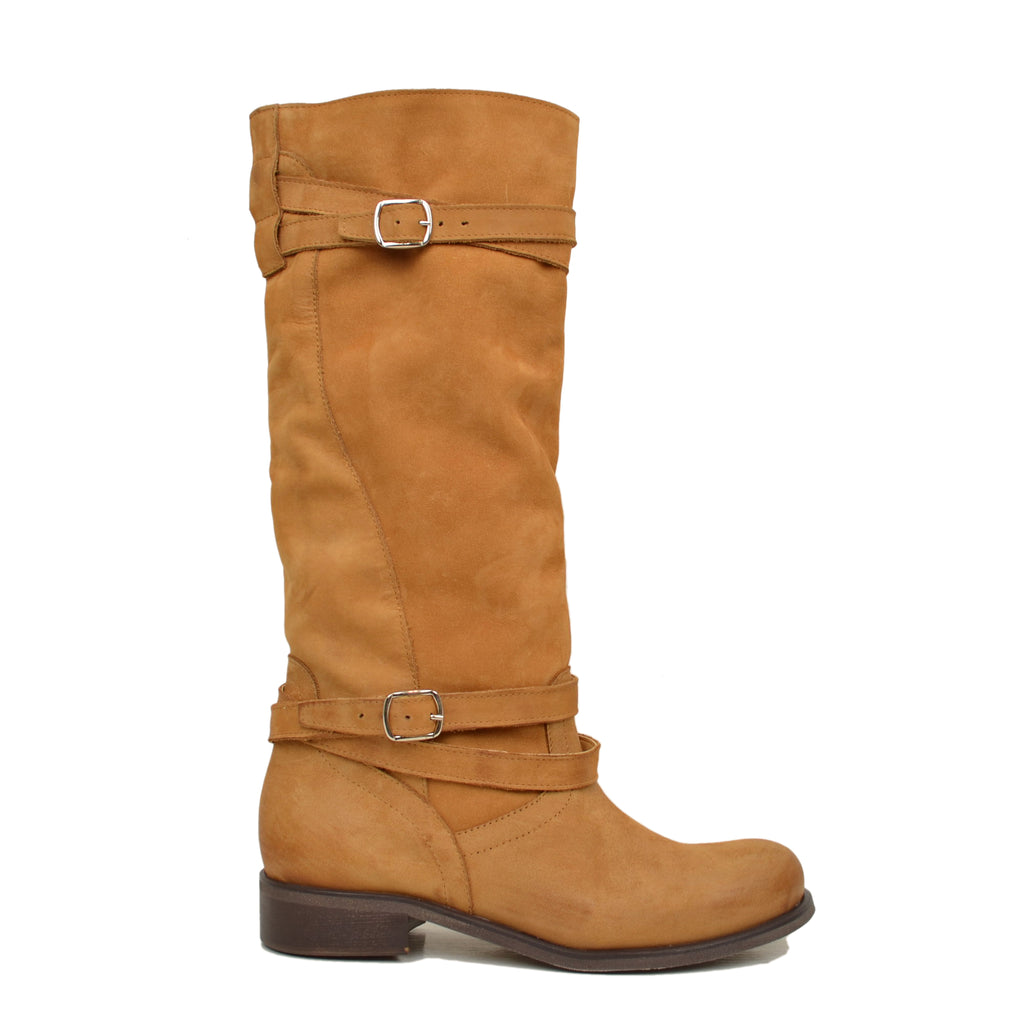 Stivali Donna Camperos Alti in Pelle Vintage Sfumata Cuoio - 2