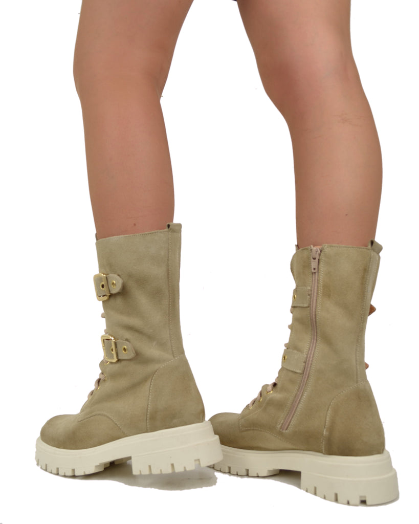 Lace Up Spring Suede Gold Buckle Beige Amphibian Boots - 4