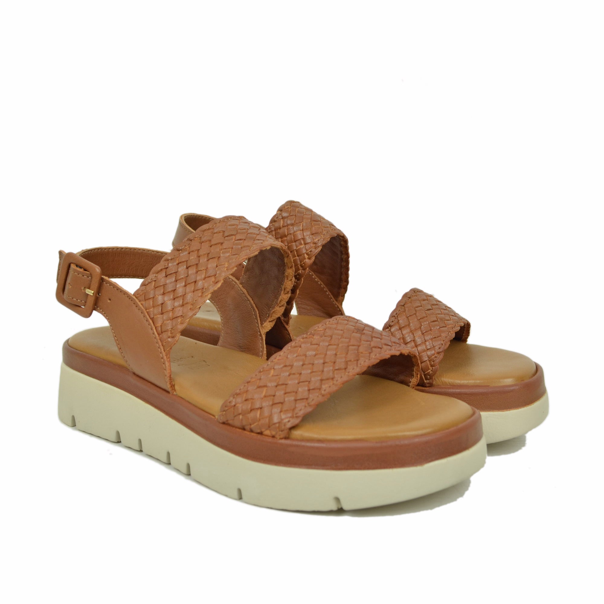 Sandali Donna Intrecciati in Pelle Marroni Suola in Memory Foam KikkiLine Calzature