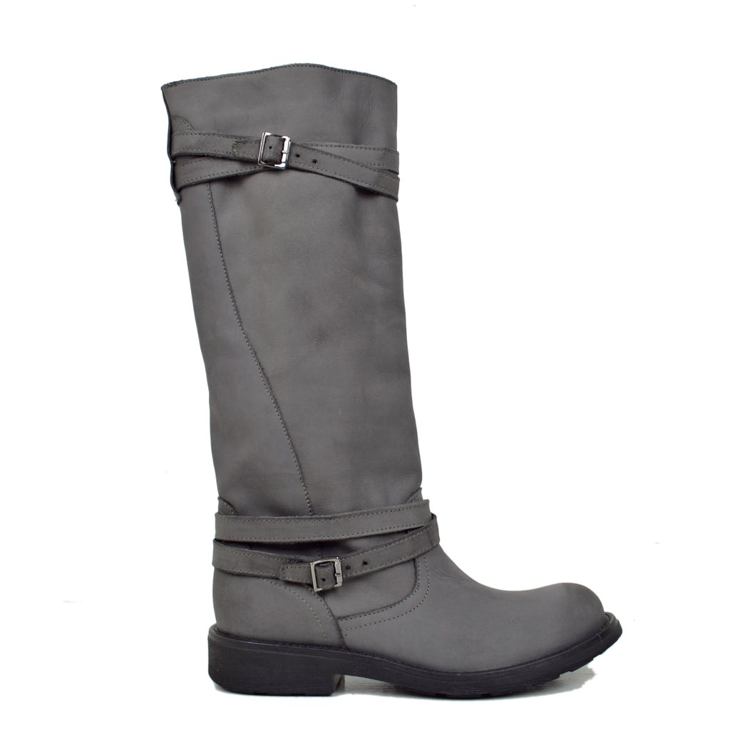 Hohe Camperos-Stiefel für Damen aus grauem Vintage-Leder mit Farbverlauf - 2