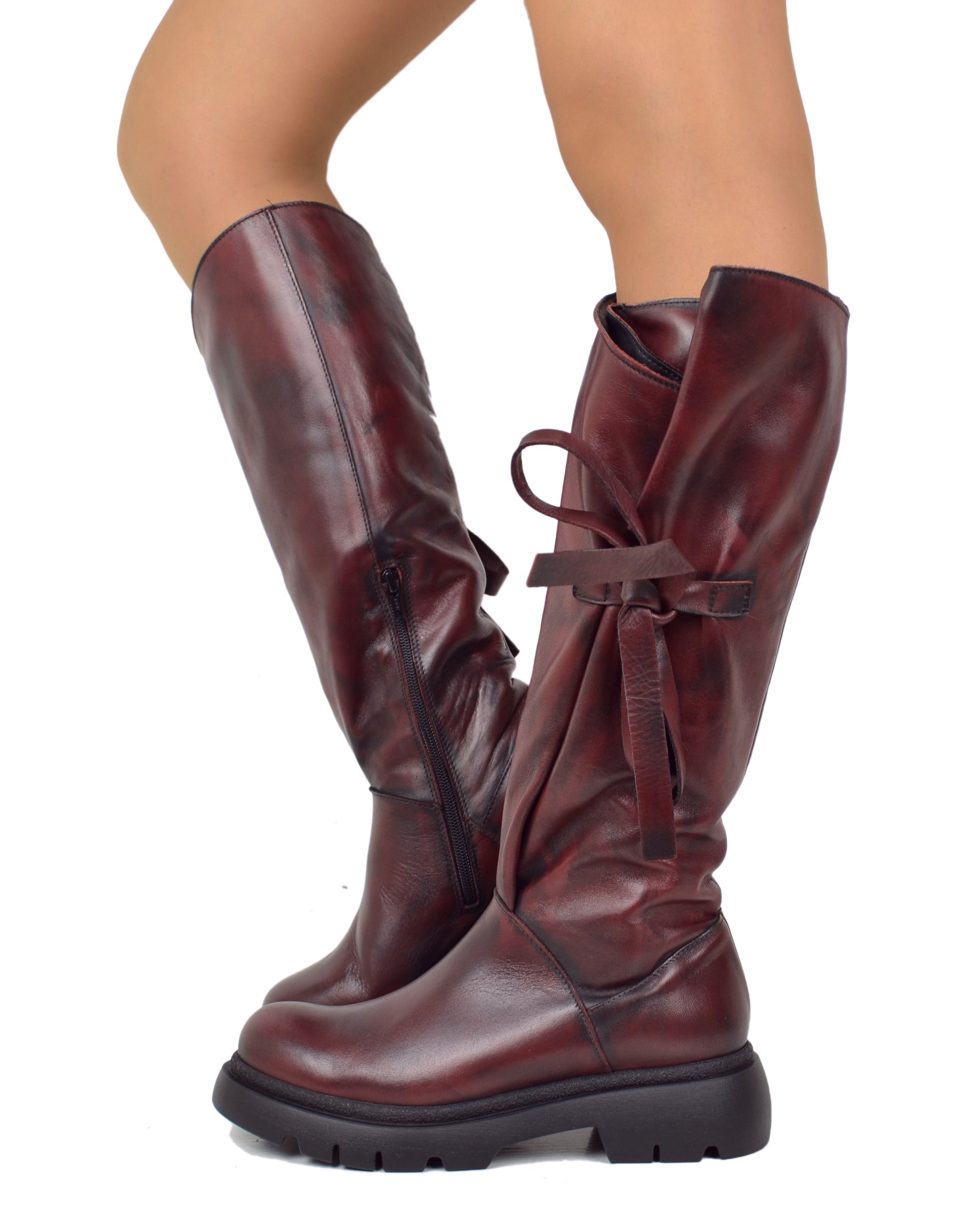 Adjustable Wide-Calf Boots for Women in Genuine Bordeaux Leather with Platform Sole