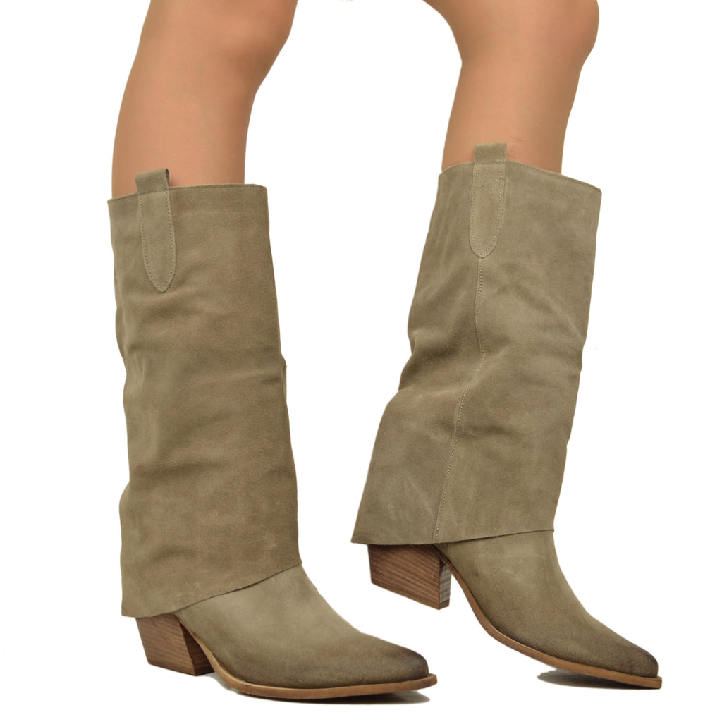 Texaner mit Gamaschen, mittlerer Absatz, echtes Taupe-Wildleder - 4
