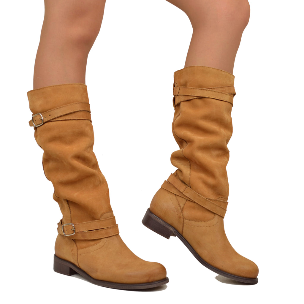 Stivali Donna Camperos Alti in Pelle Vintage Sfumata Cuoio - 5