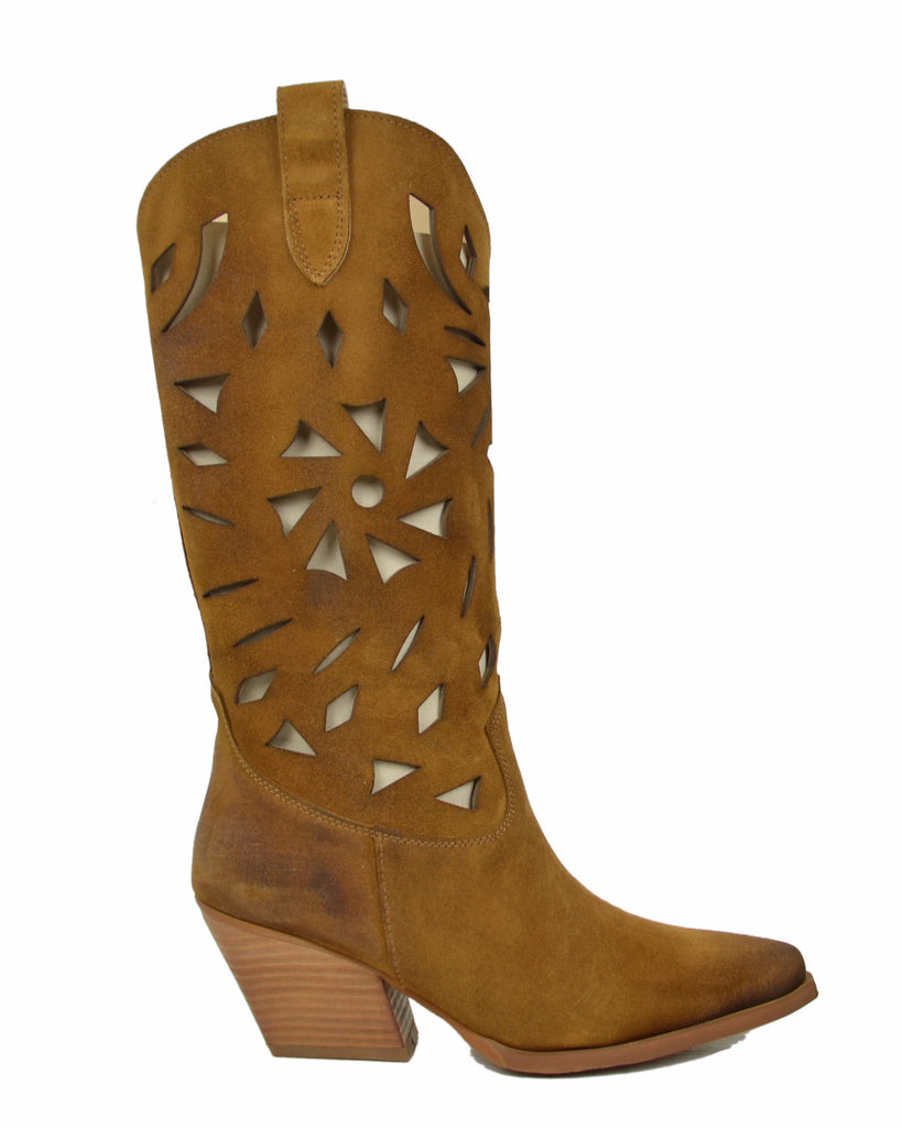 Summer Western Boots with Floral Cutouts, 7 cm Heel, and Suede Leather - 2