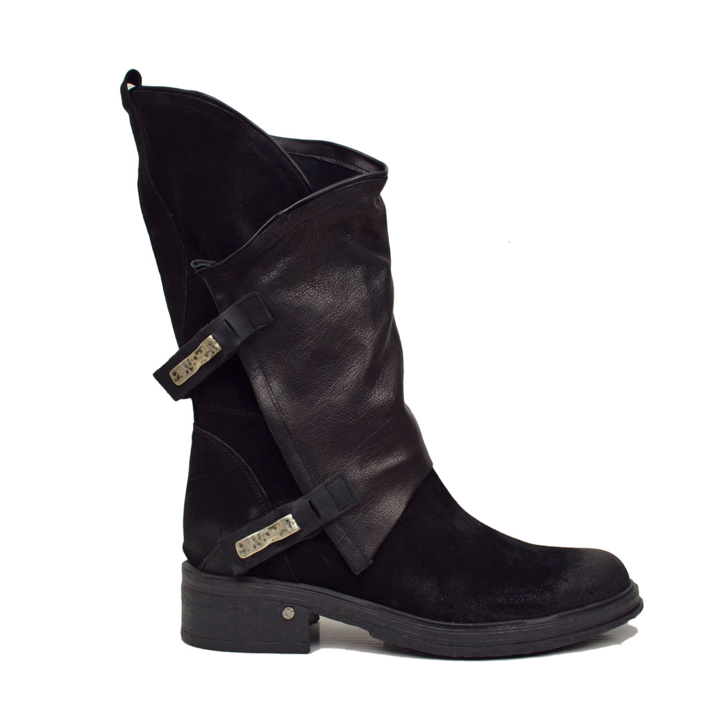 Women's Black Biker Boots in Vintage Suede Leather with Zip - 3