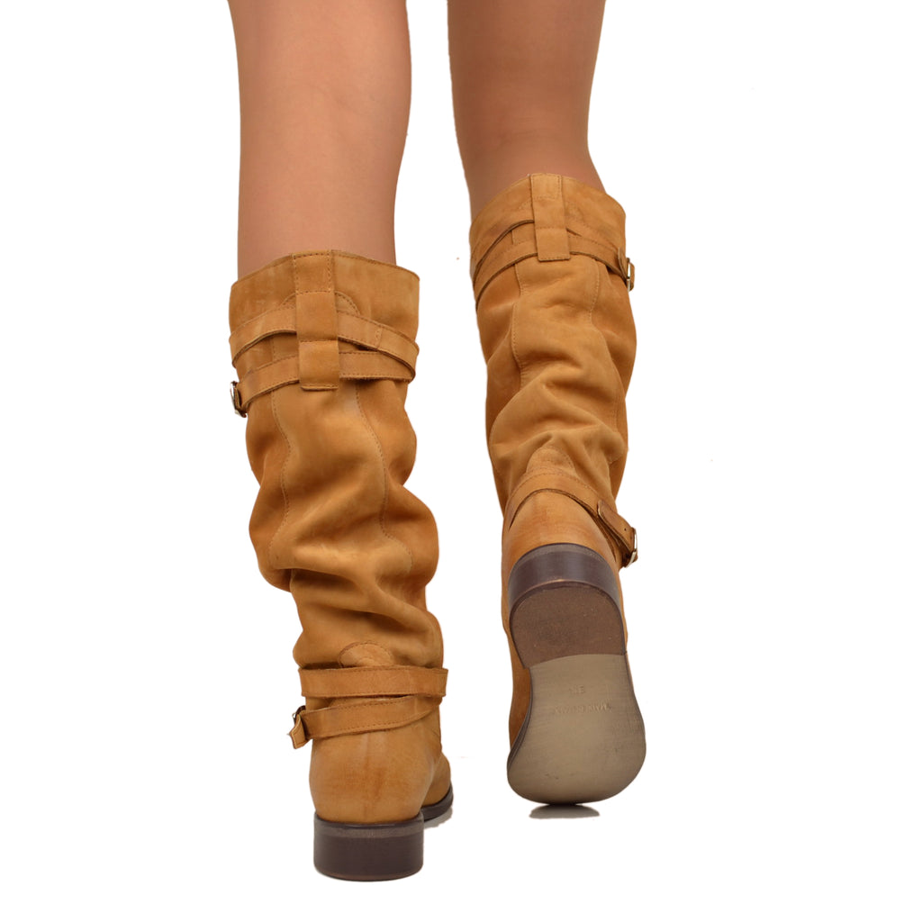 Stivali Donna Camperos Alti in Pelle Vintage Sfumata Cuoio - 3