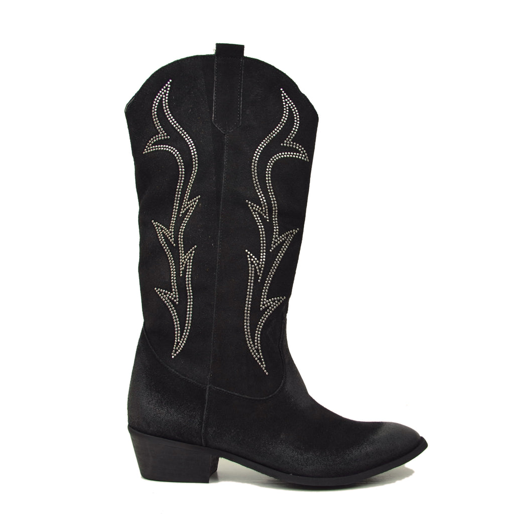 Texan Boots in Black Suede with Flame Rhinestones Low Heel 4 cm - 2