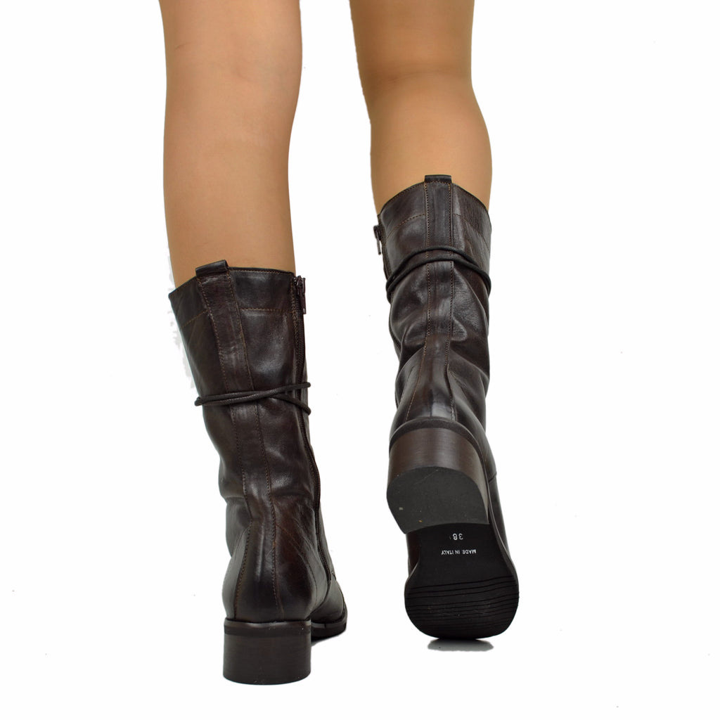 Retro-Amphibien-Stiefeletten, breiter Absatz, quadratische Zehenpartie, Stickerei, seitlicher Reißverschluss, braunes Leder - 3