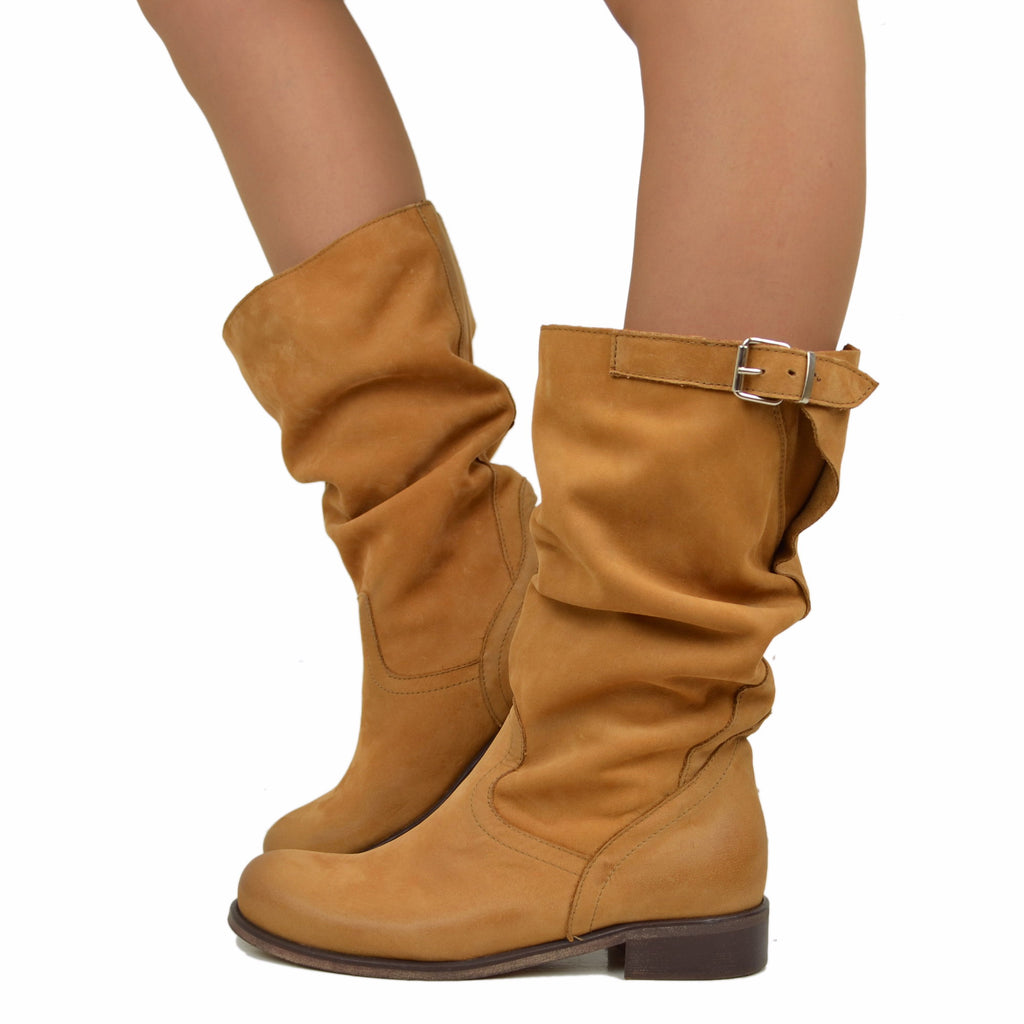 Mid Calf Biker Boots in Vintage Leather