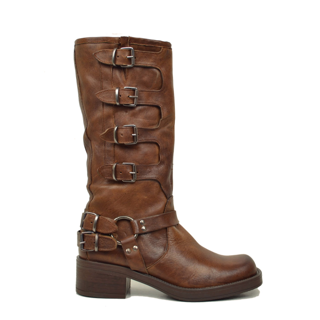 5 Buckle Biker Boots in Vintage Cacao Leather with Square Toe - 2