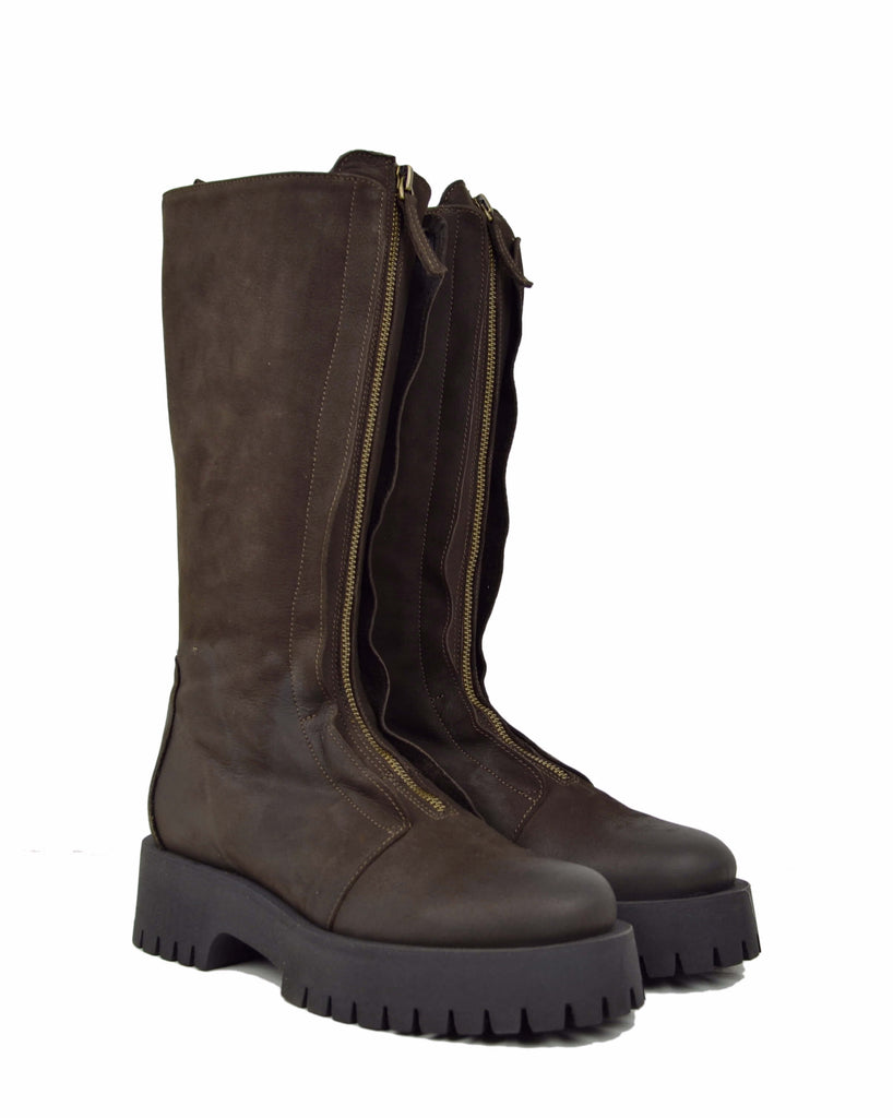 Stivali Biker in Pelle Fondo Gomma Fondo Platform con Zip Anteriore Marroni - 2