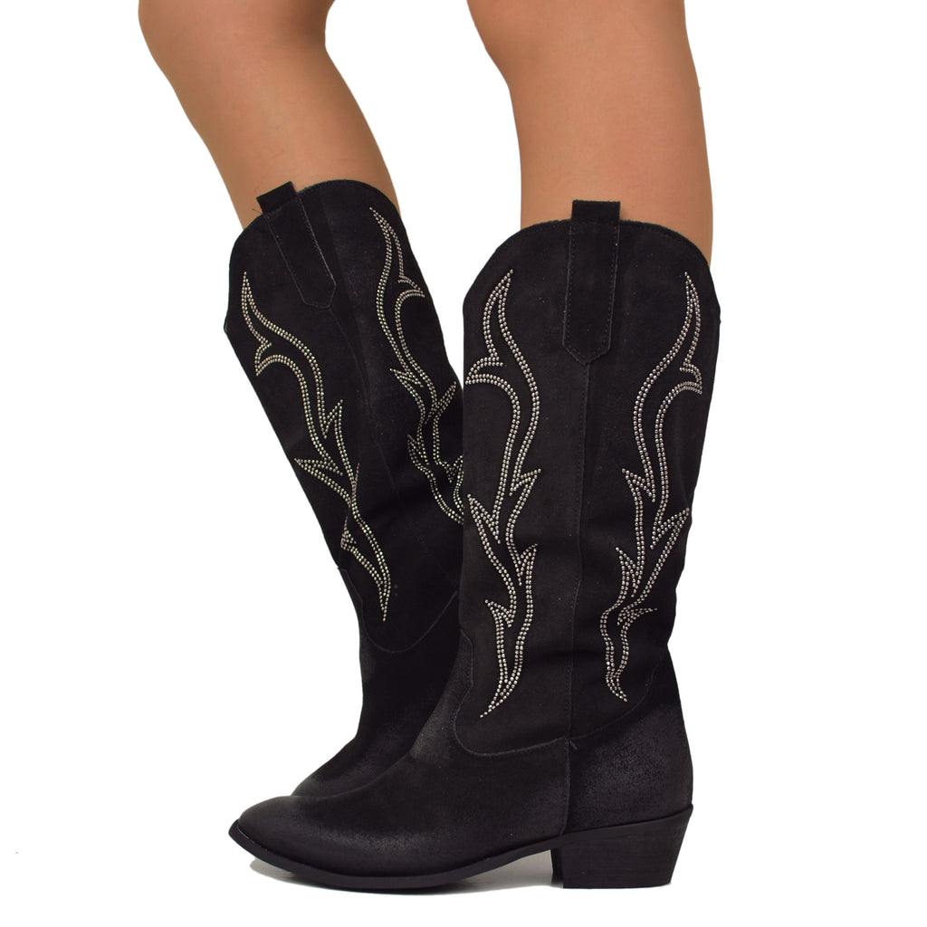 Texan Boots in Black Suede with Flame Rhinestones Low Heel 4 cm