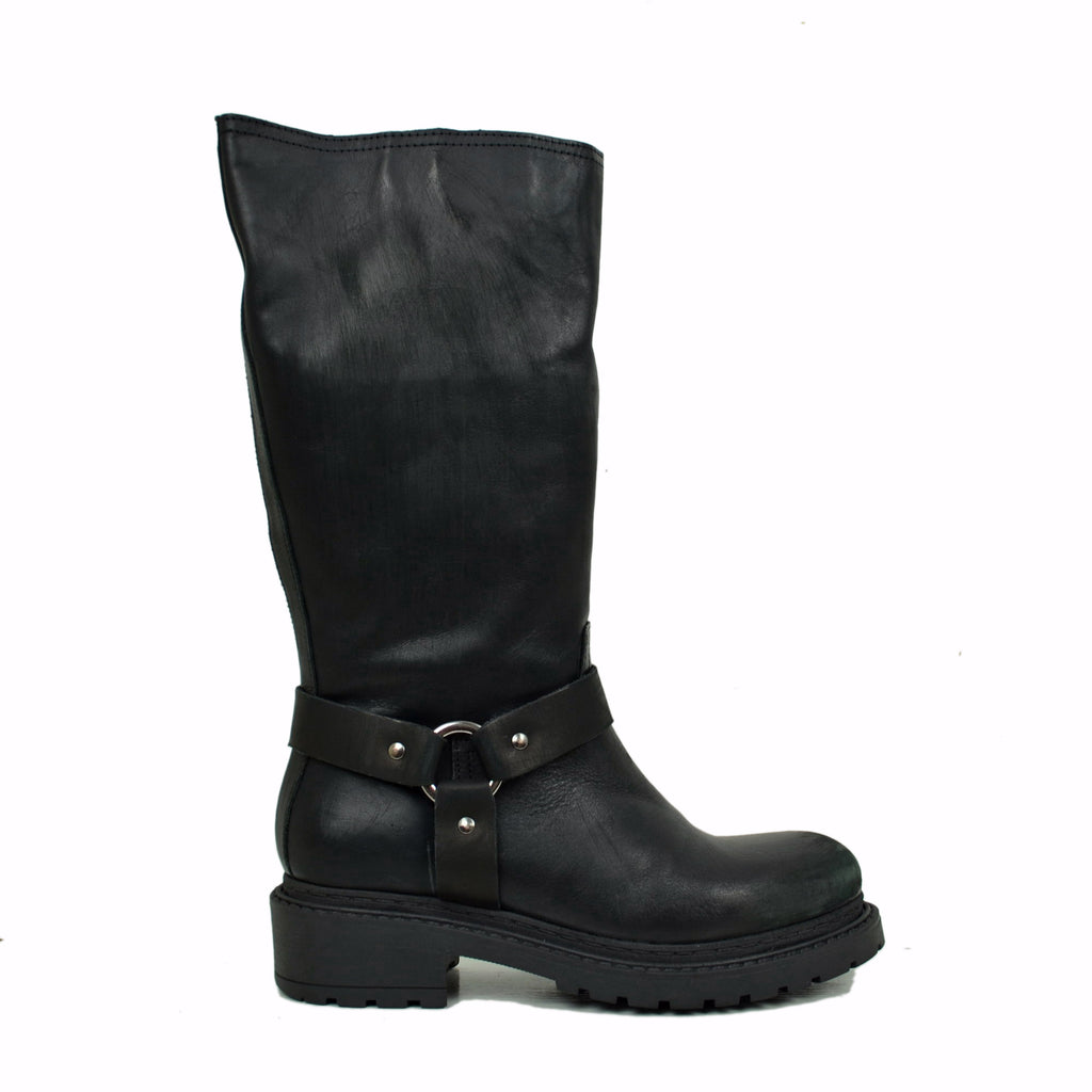 Women's Police Biker Boots in Black Scratched Used Effect Leather Made in Italy - 3