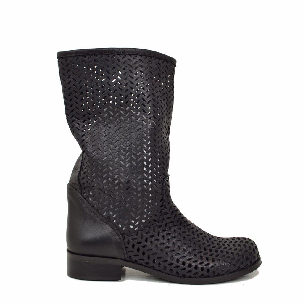 Black Perforated Summer Women's Boots with Low Heel Made in Italy - 2