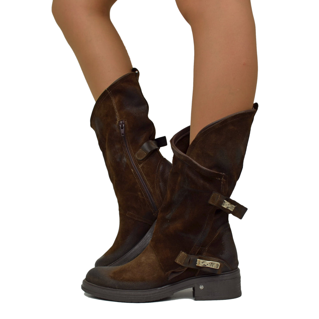 Women's Brown Biker Boots in Vintage Suede Leather with Zip