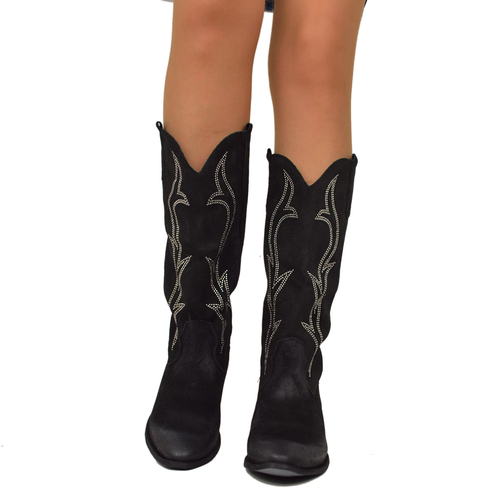 Texan Boots in Black Suede with Flame Rhinestones Low Heel 4 cm - 3