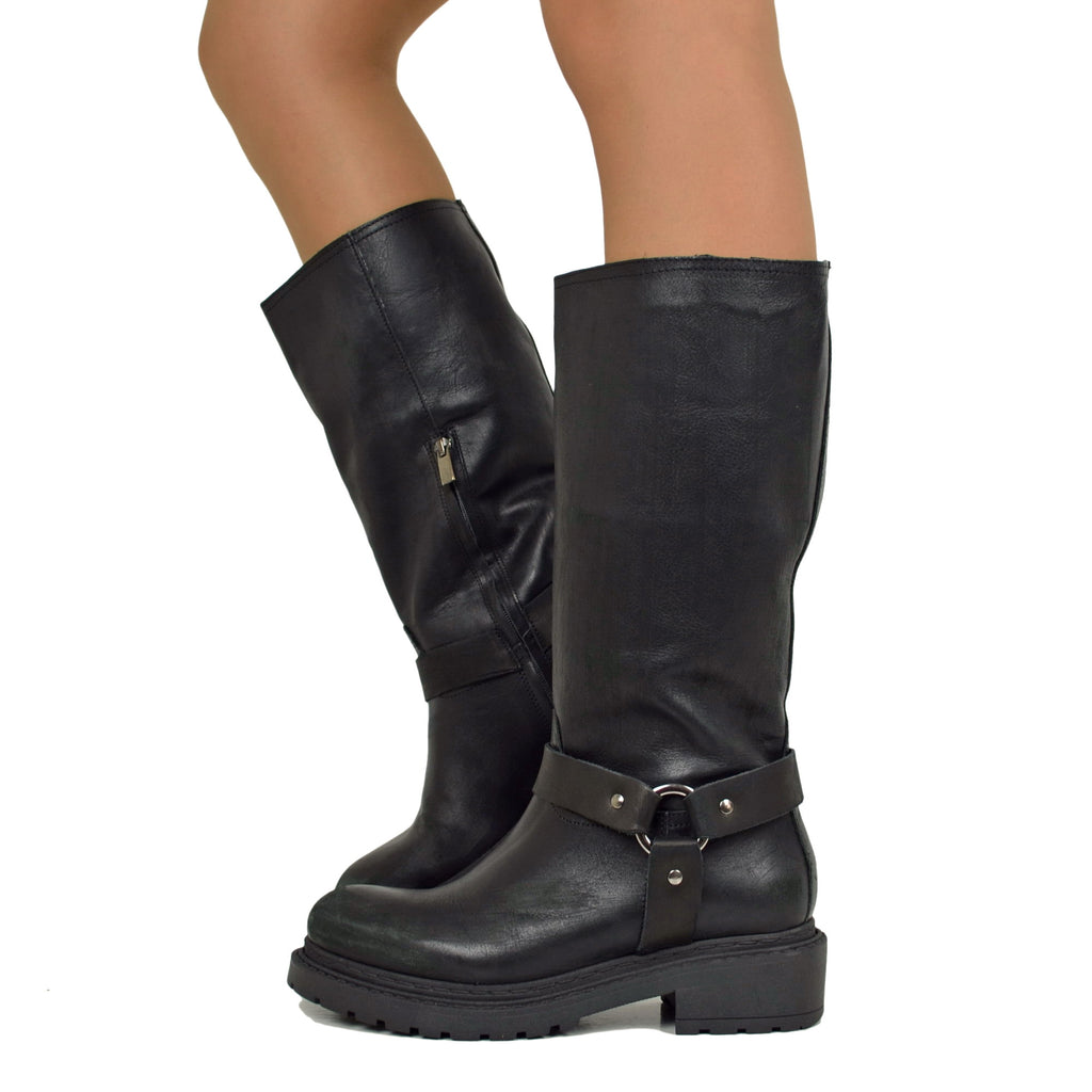 Women's Police Biker Boots in Black Scratched Used Effect Leather Made in Italy