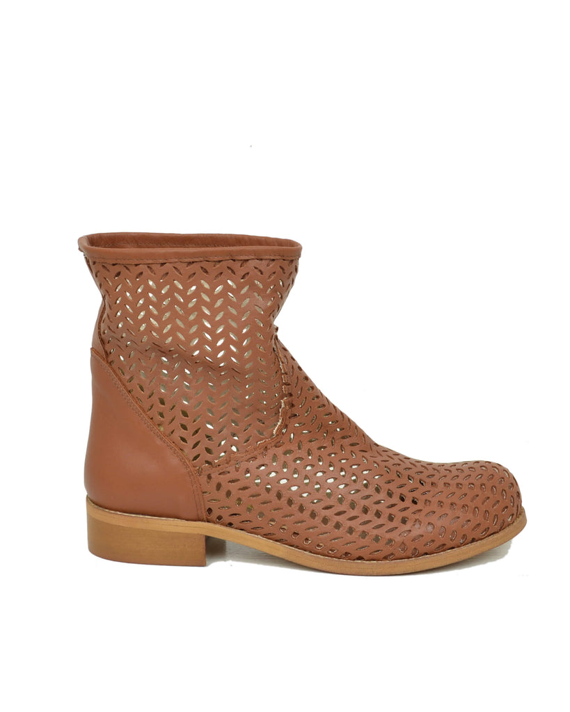 Stivaletti Donna Traforati alla Caviglia in Pelle Made in Italy Cuoio - 2
