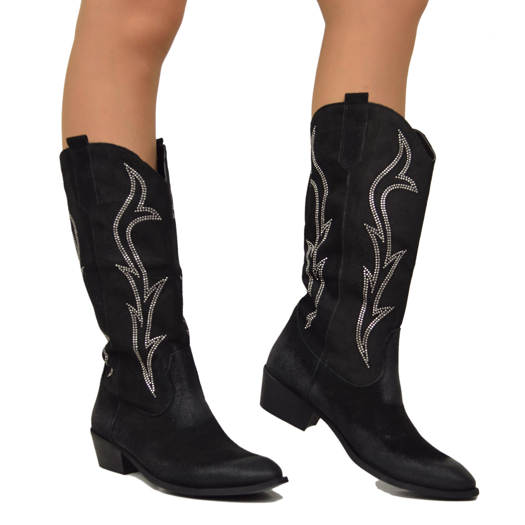 Texan Boots in Black Suede with Flame Rhinestones Low Heel 4 cm - 4