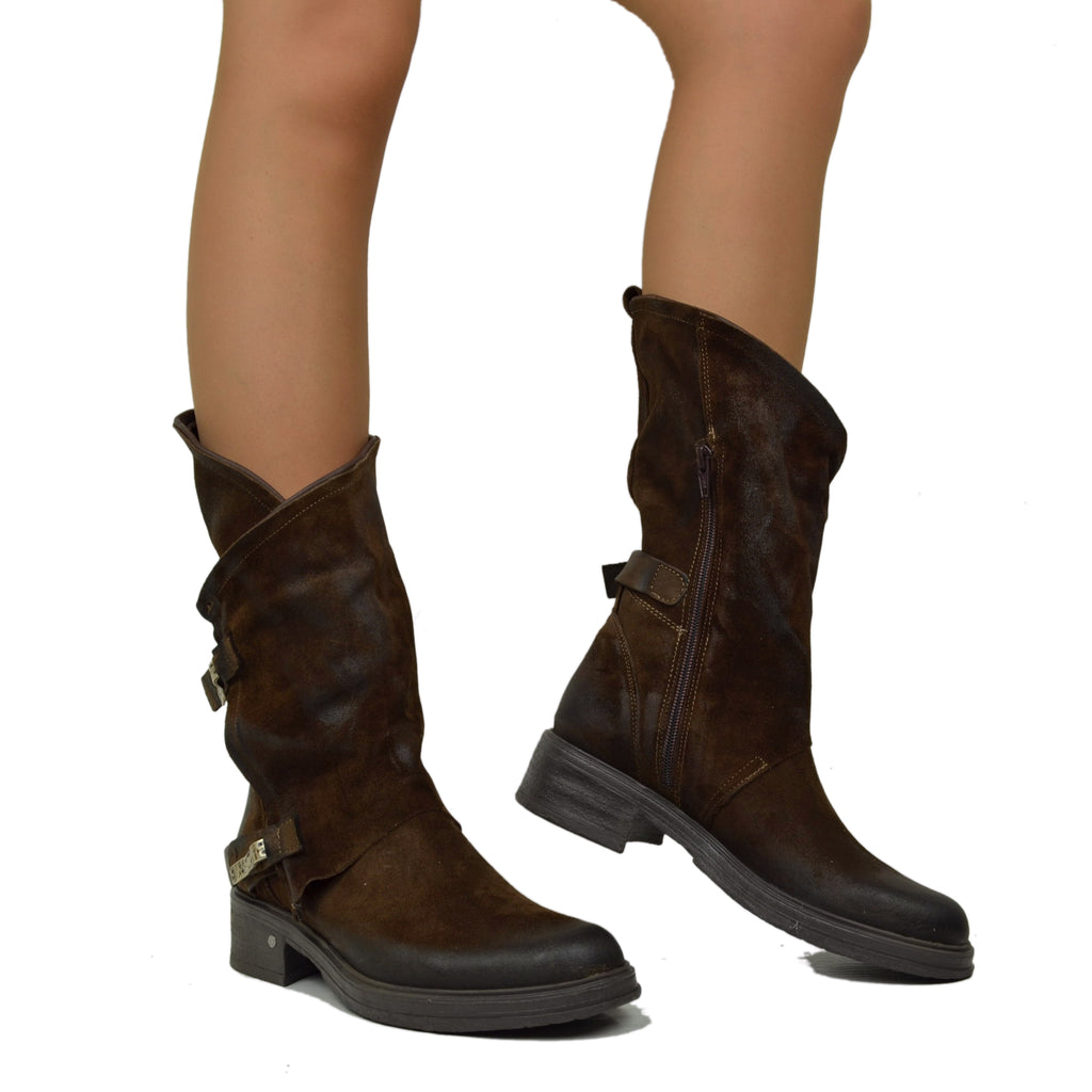 Women's Brown Biker Boots in Vintage Suede Leather with Zip - 4