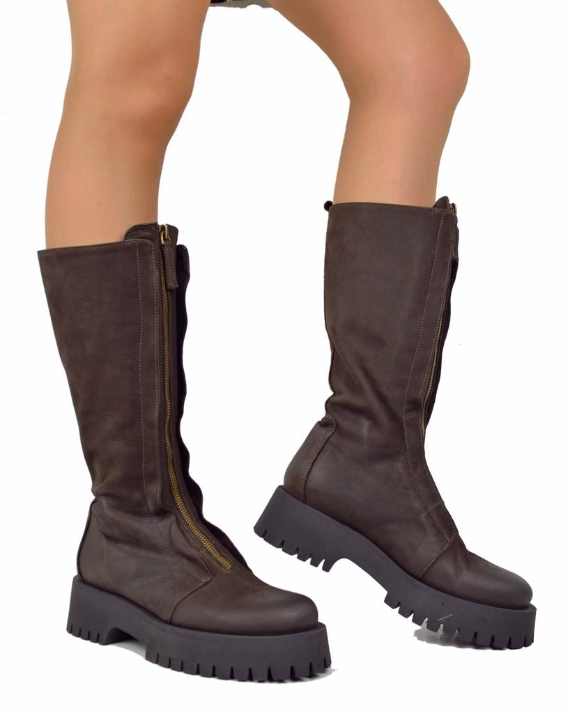 Stivali Biker in Pelle Fondo Gomma Fondo Platform con Zip Anteriore Marroni - 4