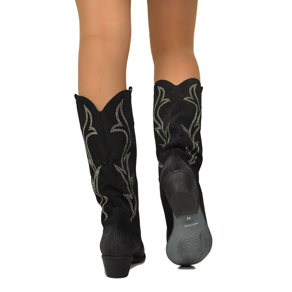 Texan Boots in Black Suede with Flame Rhinestones Low Heel 4 cm - 5