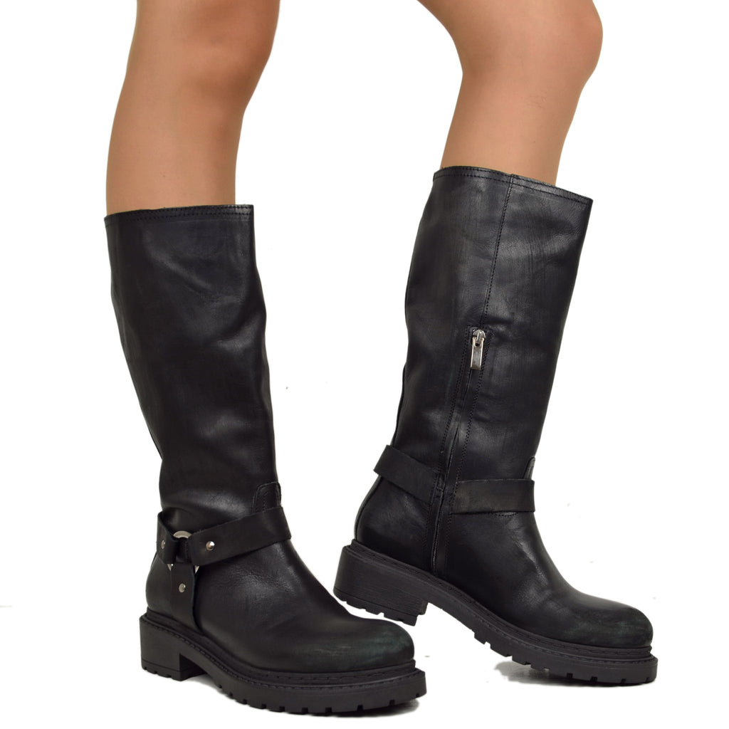 Stivali Biker Police Donna in Pelle Neri Effetto Used Graffiato Made in Italy - 5