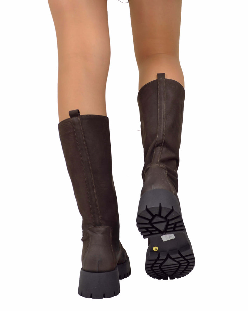 Stivali Biker in Pelle Fondo Gomma Fondo Platform con Zip Anteriore Marroni - 5