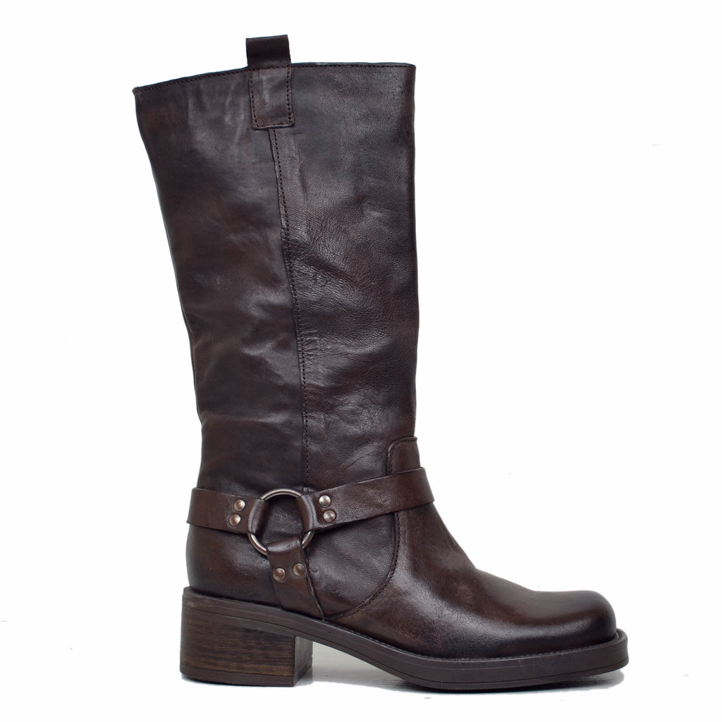 Women's Brown Biker Boots in Vintage Rag Leather with Square Toe - 3