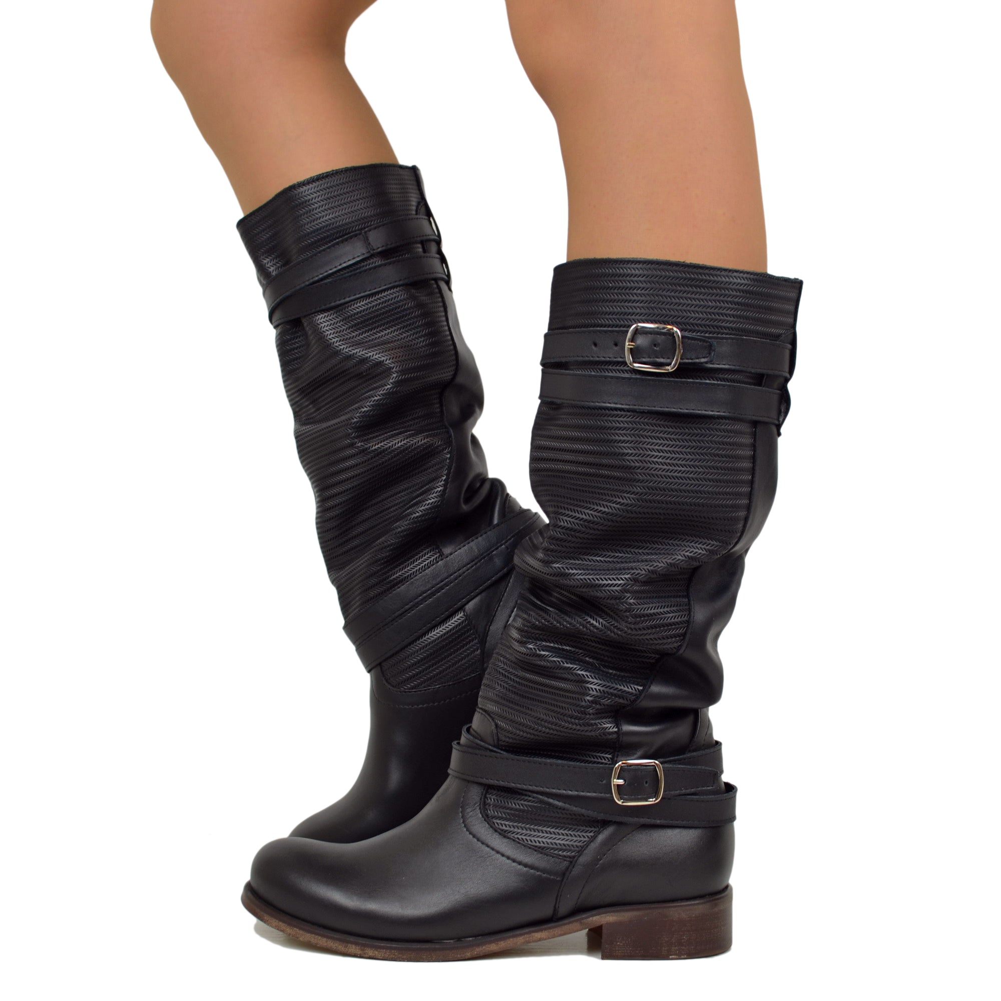 Sommerstiefel für Damen, Nubukleder, Vintage-Stil, gerändelt, Schwarz, hergestellt in Italien