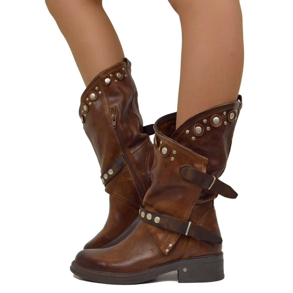 Women's Brown Leather Biker Boots with Studs and Zip Made in Italy