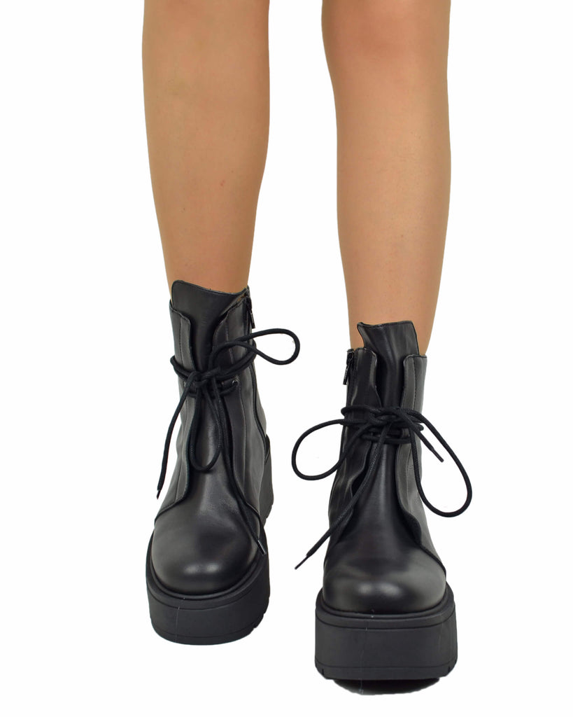 Stivaletti Platform 7 cm con Zip Laterale Vera Pelle Made in Italy Laccio alla Caviglia Neri - 4